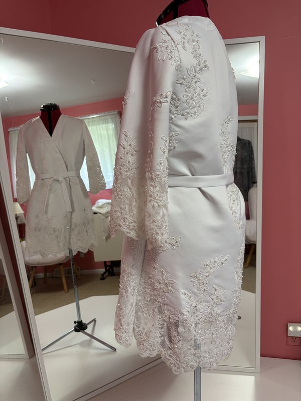 After: the robe from the side, showing a lace sleeve