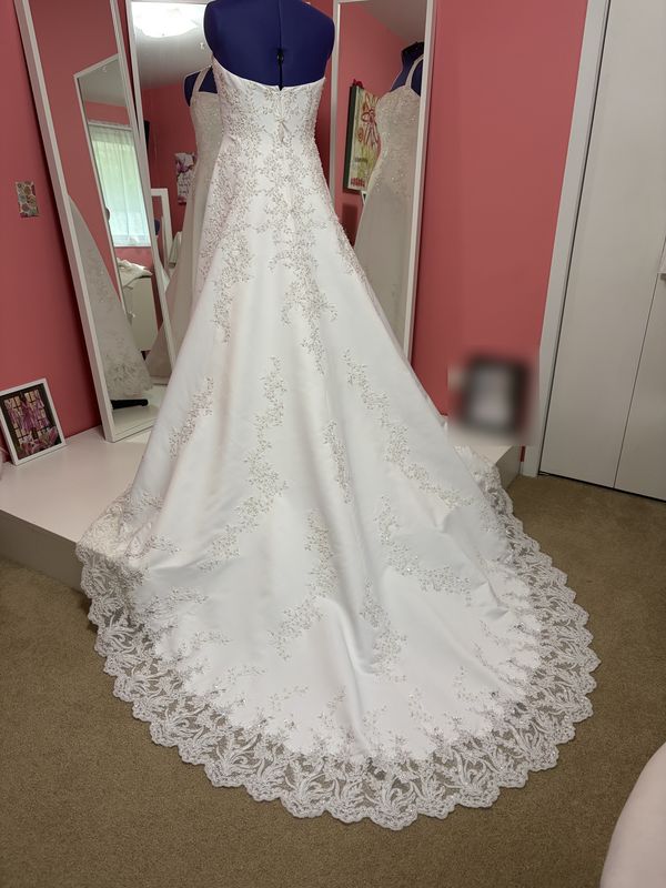 Before: the gown from behind, its lace-edged train spread on the floor