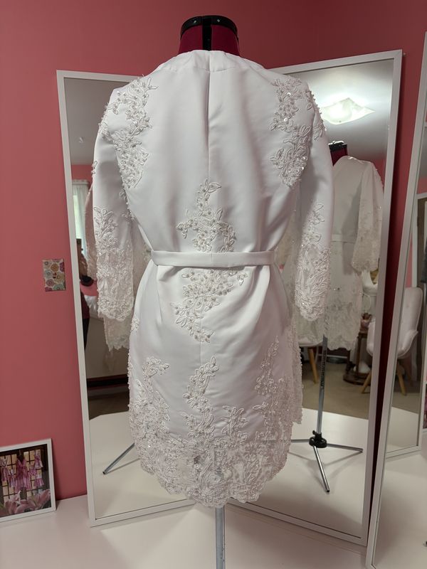 After: the back of the robe, with lace appliqué and the tie belt